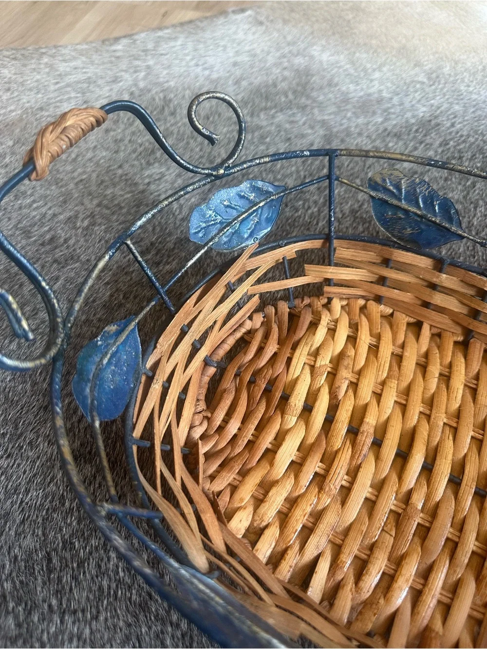 Woven Rattan and Metal Leaf Accent Basket - Brown with Blue